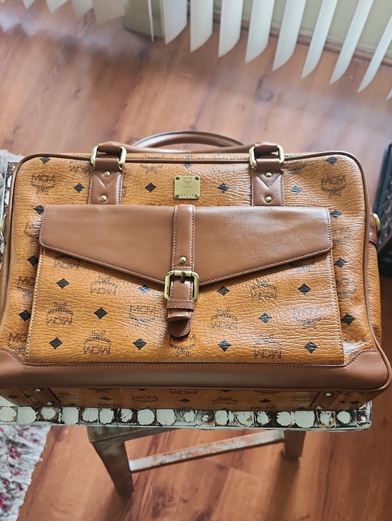 MCM Handbags - MCM Cognac and Tan Logo Briefcase with Front Buckle Pocket